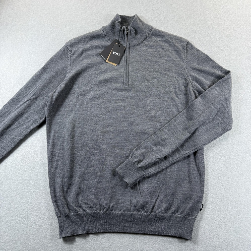 Boss Sweater Mens Large Gray 1/4 Zip Mock Neck 100% Wool Knit Pullover‎ New